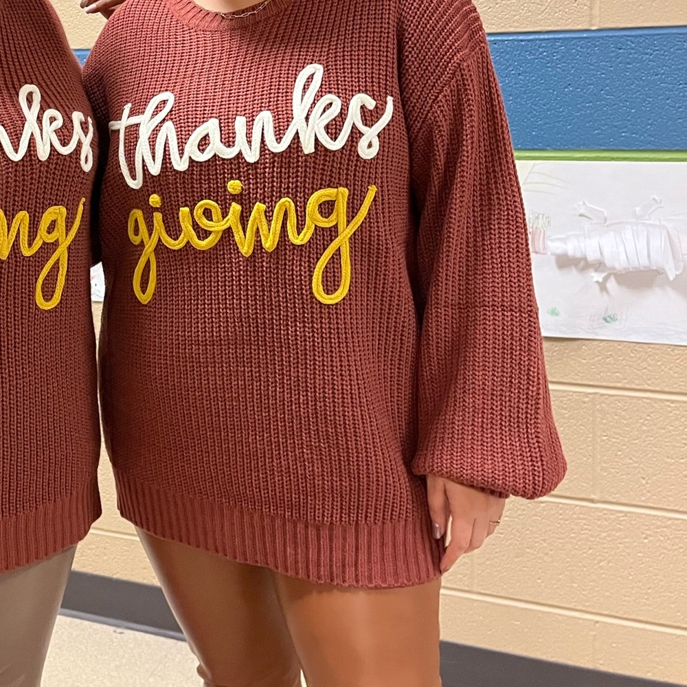 Women's Rust Sweater with 'Thanks Giving' Embroidery crochet - like new